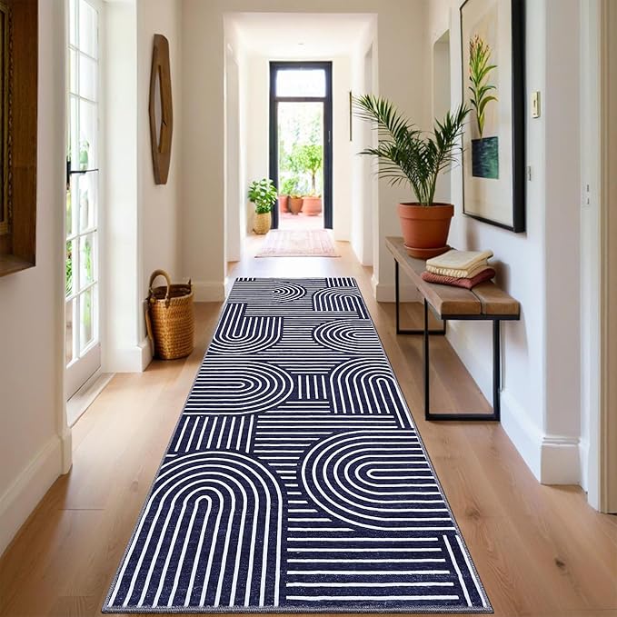 ROYHOME Modern Rug 2.5x10 Runners for Hallways, Abstract Kitchen Runner Rugs Non Slip Bath Mat, Rainbow Washable Runner Rug for Bedroom, Soft Long Rugs for Entryway Bathroom Laundry Dorm, Blue