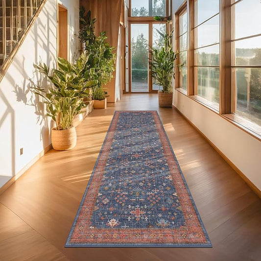 Washable 10 ft Long Runner for Hallway - Navy Blue Kitchen Floor Runner Rug, Pet Friendly Waterproof Non Slip with Rubber Backing, Stain Resistant Laundry Room Rug (3x10 Navy Blue & Terracotta)