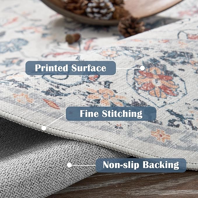 jinchan Round Rug 4ft Area Rug - Washable Boho Vintage Floral Circle 4' Round Floor Cover Lightweight Low Pile Thin Throw Non-Slip Carpet for Kitchen Living Room Bedroom Dining Room Office Grey Multi