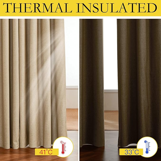 NICETOWN 100% Absolutely Blackout Linen Curtains with Thermal Insulated White Liner, Camel, W42 x L90, 2 Panels, Long Curtains 90 inch Length for Patio Door, Doorway, Office, Overnight Shiftworker