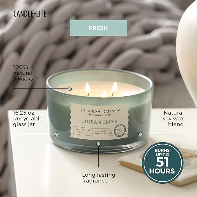Candle-Lite Scented Candles for Men, Ocean Haze Fragrance, 16.25 oz Jar, 3-Wick, 51 Hours of Burn Time, Masculine Aromatherapy with Long Lasting Scent, Ideal Gift for Father's Day and Home Decor