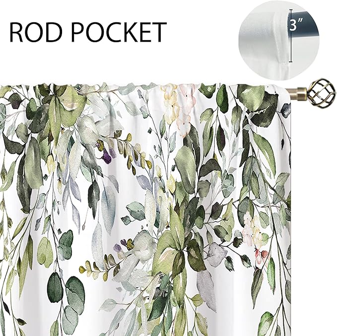 Sage Green Eucalyptus Leaves Window Curtains Flower Watercolor Floral Botanical Plant Wildflower Farmhouse Curtain Drapes Herb Curtains for Bedroom Living Room Treatment 2 Panels 42Wx63H Inch
