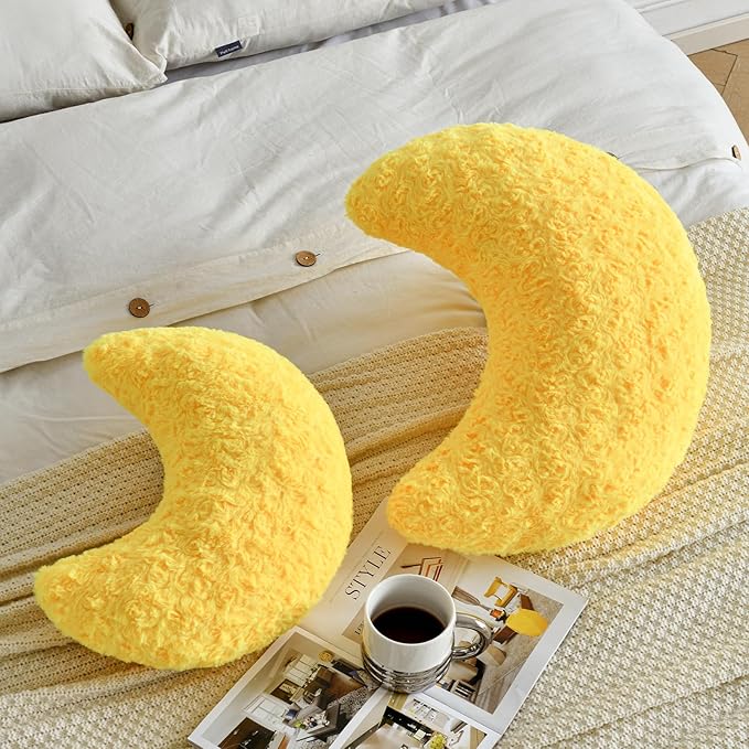 Moon Pillow, Decorative Throw Pillow with Soft Faux Fur for Couch Bed Sofa, Cute Half Moon Pillows with Room Decor for Bedroom Living Room (19 Inches, Yellow)