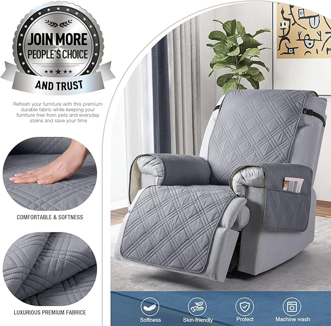 TAOCOCO 100% Waterproof Recliner Chair Cover, Small Recliner Covers for Recliner Chair with Pocket, Non Slip Reclining Chair Cover Furniture Protector for Kids, Pets(20'', Gray)