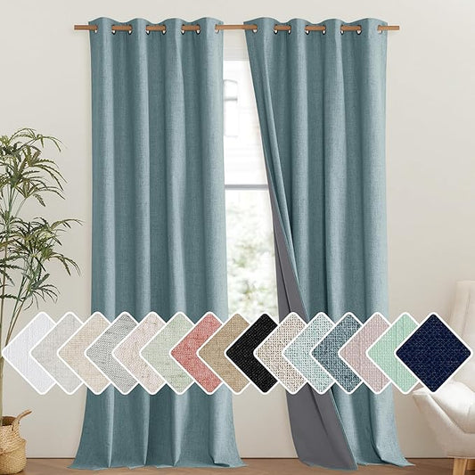 NICETOWN 100% Absolutely Blackout Linen Curtains with Thermal Insulated Liner, Skylark Blue, 52" Wide, 102" Length Energy Saving Curtains for Living Room 2 Panels Set, Vertical Blinds