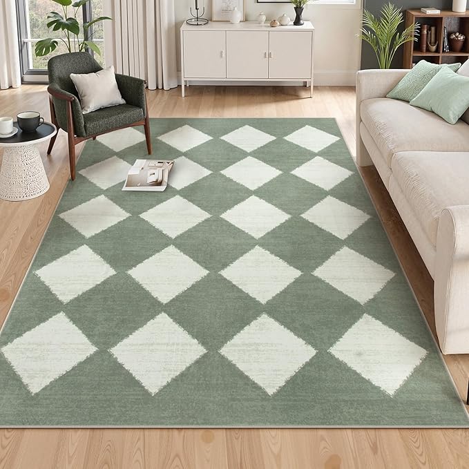 Lahome Zelie Checkered Washable 5x7 Rugs for Living Room Green Rug for Bedroom, Soft Dining Room Rugs for Under Table, Diamond Trellis Throw Carpet for Entryway Dorm Kids Playroom (5'x7',Green)