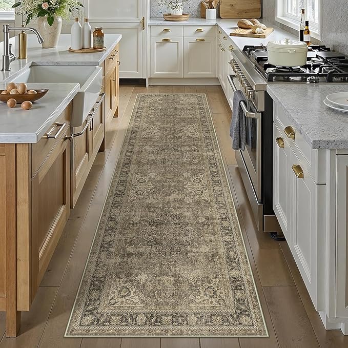 2x8 Washable Runner Rug Brown Vintage Non Slip Soft Low Pile Hallway Kitchen Rug Distressed Oriental Carpet for Laundry Bathroom Bedroom Living Room Home Decor