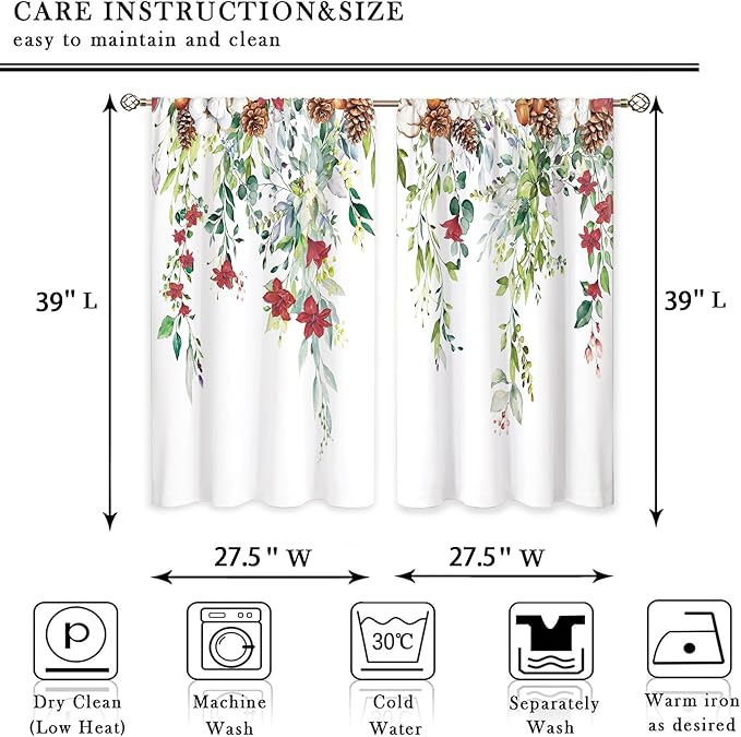 Red Flower Eucalyptus Botanical Leaves Sage Green Christmas Floral Kitchen Window Curtains Over Sink Leaf Small Treatment Cafe Short Curtains for Bathroom Treatment Tier Drapes 27.5x39 inch