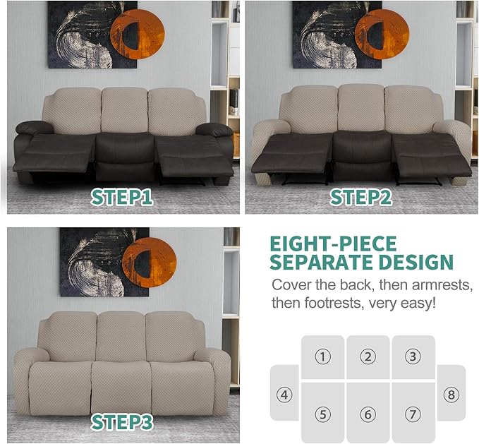 YEMYHOM 8 Pieces Stretch Recliner Sofa Cover Latest Jacquard Reclining Couch Cover with Side Pocket Anti-Slip Fitted 3 Cushion Furniture Slipcovers with Elastic Bottom (Sofa Recliner, Khaki)