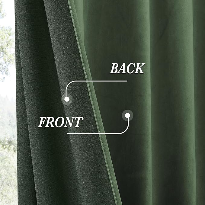 RYB HOME Elegant Green Velvet Curtains 96 inches Long, Light Blocking, Thermal Insulated, Stylish Velvet Drapes with Hook Belt for Cozy Home Aesthetics, 62" W x L96 L, 2 Panels Set