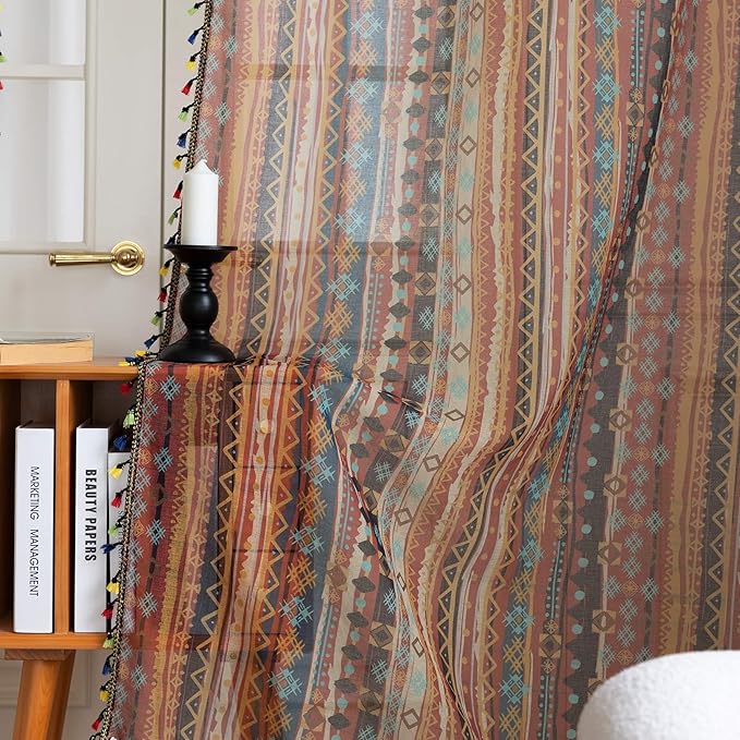 Red Geometric Sheer Curtains 84 inch Long, Fringed Edges and Textured Semi Sheer Curtains Large Window Treatments for Living Room/Bedroom, 2 Panels