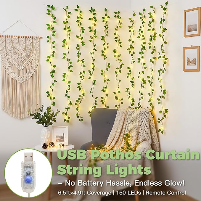 suddus Vines with Lights for Bedroom, 150 LED Fairy Lights with Vines, Pothos Curtain Lights for Bedroom, Dorm, Wedding, Party, Wall, Indoor, Outdoor Decor, 6.5ft x 4.9ft