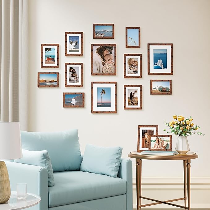 Vittanly 15 Pack Picture Frames Collage Wall Decor for Mounting or Tabletop Display, Gallery Frame Set for Family, Multi Sizes Including 3pcs 8x10, 6pcs 5x7, 6pcs 4x6, Rustic Brown