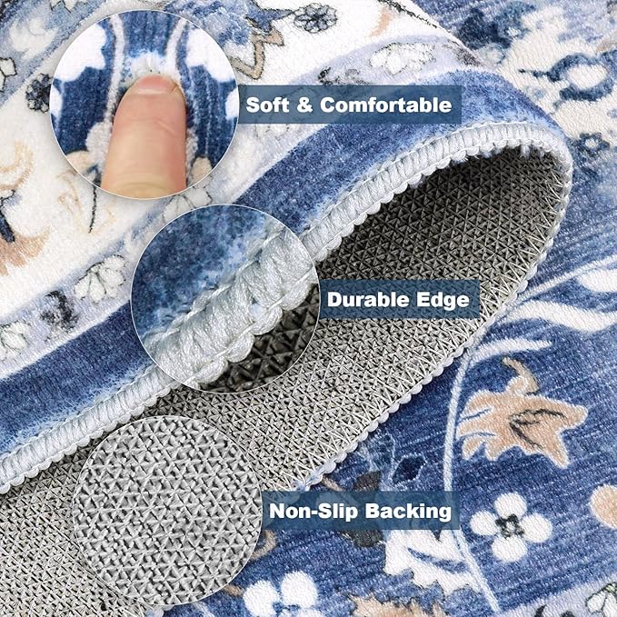 LOKHOM Washable Runner Rug, 2x8 Non-Slip Vintage Hallway Runner Rug with Rubber Backing, Boho Floral Soft Faux Wool Kitchen Rug Carpet Runner for Laundry Entryway Bedroom (Sky Blue)