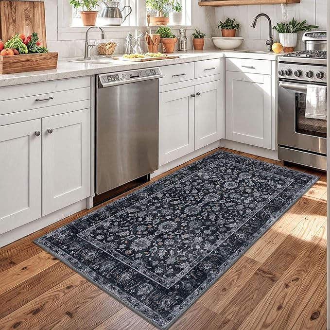 KUTA 3x5 Rugs for Entryway, Vintage Floral Area Rug Washable Non-Slip Black Grey Orange Ultra Thin Soft Printed Distressed Entry Low-Pile Throw Carpet for Bedroom Nursery Living Room