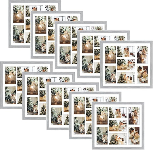 Golden State Art, Set of 10, 13.7x15.7 Matted Grey Wood 7-Opening for 4x6 Collage Picture Frame