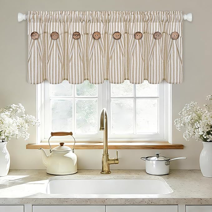 ASPMIZ Farmhouse Valances for Windows, Cotton Linen Kitchen Curtains Valances with Rustic Buttons, Khaki Striped Window Valance for Living Room, Boho Valance Curtains for Bathroom, 52 x 18 Inches