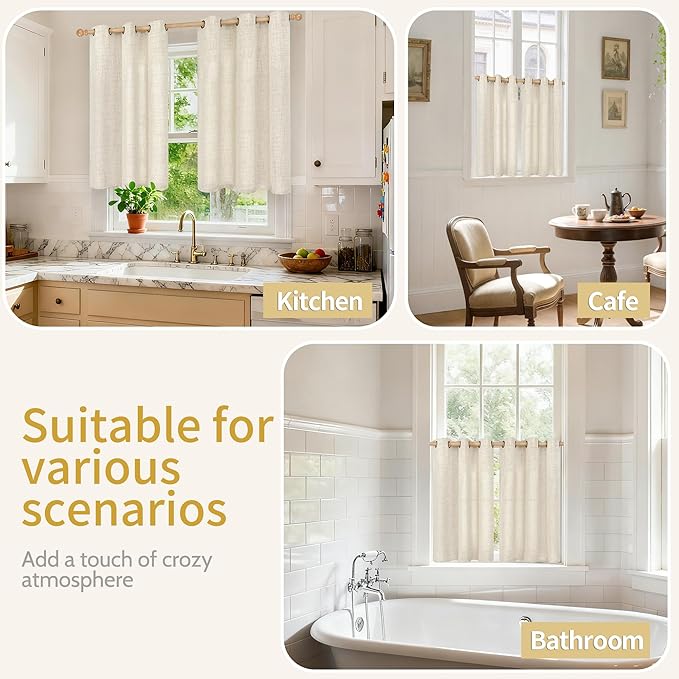 YoungsTex Linen Kitchen Window Curtains 40 Inch Length, Short Light Filtering Drapes with Bronze Grommet Semi Sheer for Bathroom Cafe Decorative, 34 x 40 Inch, 2 Panels