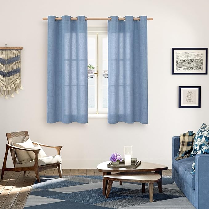YoungsTex Denim Blue Linen Curtains 48 Inches Long for Short Window, Semi Sheer Drapes with Bronze Grommet Privacy Light Filtering for Bedroom Living Room, 42 x 48 Inch, 2 Panels