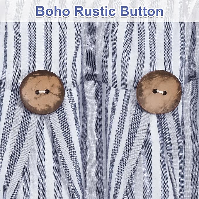 ASPMIZ Farmhouse Valances for Windows, Cotton Linen Kitchen Curtains Valances with Rustic Buttons, Blue Striped Window Valance for Living Room, Boho Valance Curtains for Bathroom, 52 x 18 Inches