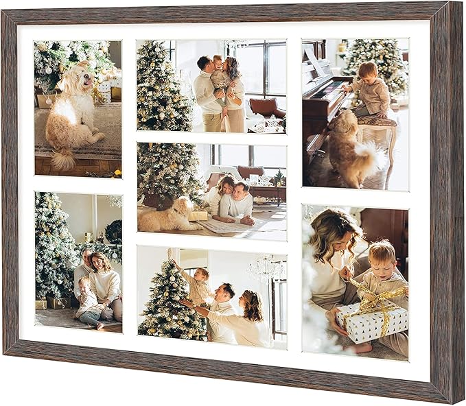 Golden State Art, 13.7x15.7 Distressed Brown Wood Collage Frame - White Mat - Displays Seven 4x6 Photos - Real Glass, Sawtooth Hanger, Swivel Tabs - Wall Mounting, Landscape, Portrait