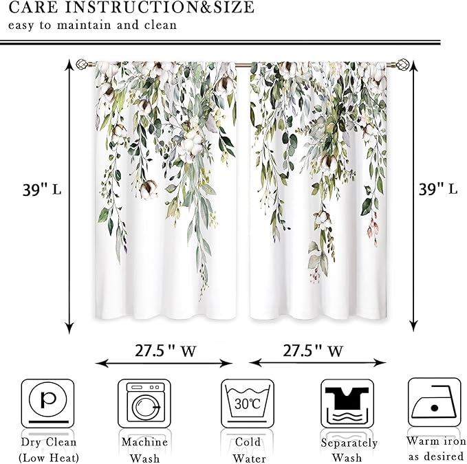 Eucalyptus Botanical Leaves Sage Green Cotton Floral Kitchen Window Curtains over Sink Farmhouse Flower Leaf Small Treatment Cafe Short Curtains for Bathroom Treatment Tier Drapes 27.5x39 inch
