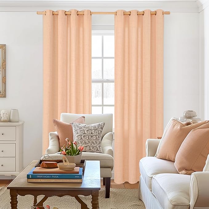 YoungsTex Peach Linen Curtains 84 Inch Length for Living Room Spring Decor, Light Filtering Drapes with Bronze Grommet Boho for Dining Bedroom Window Privacy, 2 Panels, 52 x 84 Inch