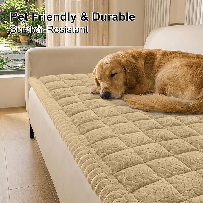 Smiry Non Slip Couch Covers for Dogs, Fuzzy Pet Couch Covers for 3 Cushion Sofa Pet Friendly, Soft Sofa Slipcovers Cushion Furniture Protector Washable (Khaki, 27.6" x 88")