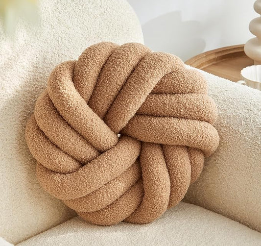 Khaki Knot Pillow 13.7'' Round Throw Pillow Soft Plush Knot Ball Pillow Handmade Knotted Pillow Modern Home Decorative Knotted Pillow Cushion for Bed Bedroom, Sofa, Couch