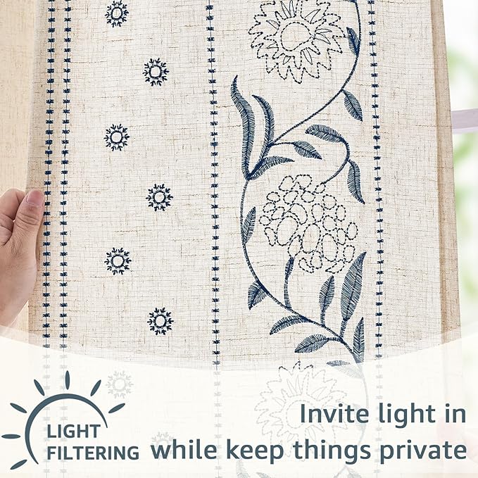 jinchan Winslow Linen Curtains for Bedroom 72 Inches Length Embroidered Bordered Floral Curtains for Living Room Farmhouse Decor Light Filtering Window Treatments Blue on Beige Drapes 2 Panels
