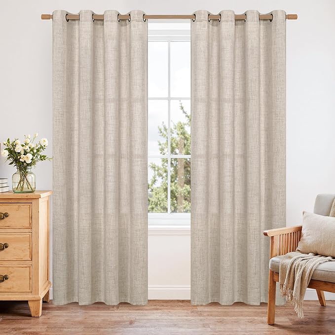 YoungsTex Curtains 84 Inch Length for Living Room, Beige Semi Sheer Drapes with Bronze Grommet Rustic Light Filtering Window Treatments for Dining Bedroom, 2 Panels, 52 X 84 Inch
