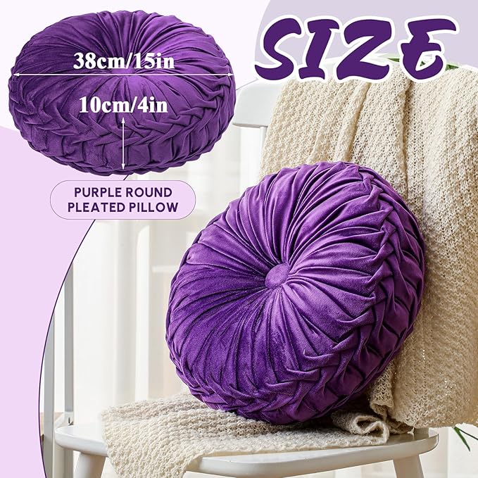 Drydiet 1 Pcs Round Throw Velvet Pillows Decorative Pleated Throw Pillows 15'' Diameter Accent Pumpkin Boho Chair Cushion for Couch Sofa Home Decoration (Purple)