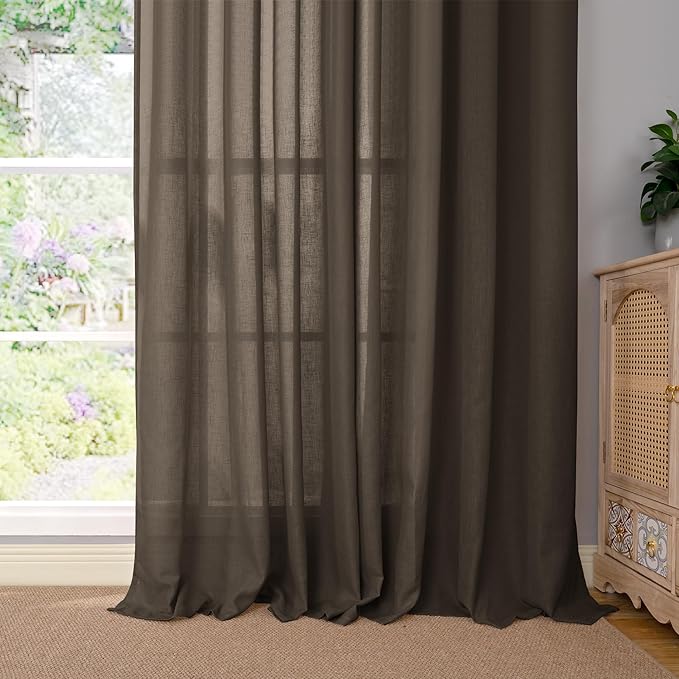 YoungsTex Brown Linen Semi Sheer Curtains 72 Inch Length for Living Room, Chocolate Light Filtering Drapes Privacy with Grommet for Dining Room Bedroom, 2 Panels, 52 X 72 Inch