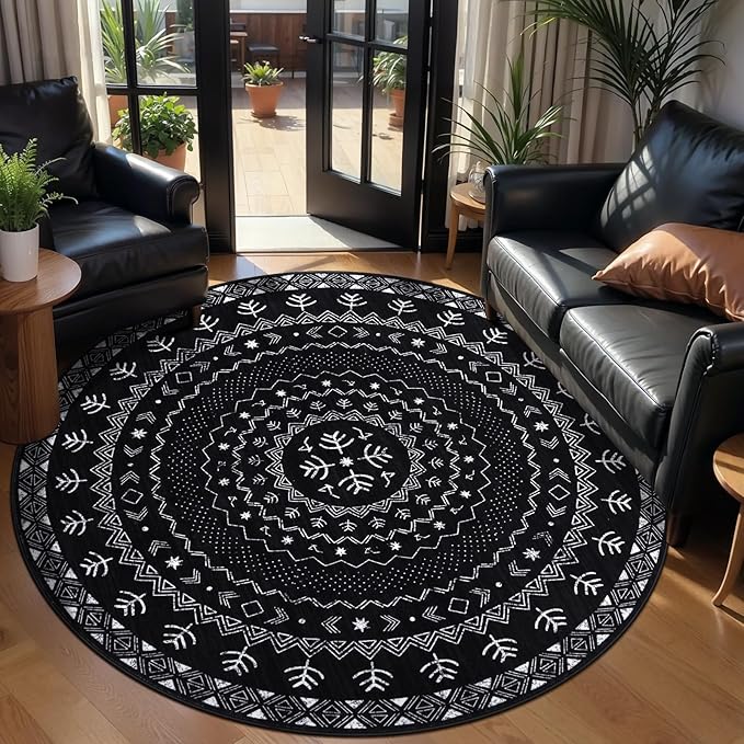 SERISSA Round Area Rug, 4ft Washable Non-Slip Black and White Boho Circle Rug, Soft Low-Pile Geometric Indoor Small Circular Carpet for Bedroom Entryway Living Room Dining Room