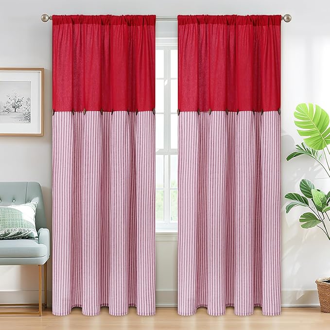 ASPMIZ Cotton Linen Curtains for Living Room, Rod Pocket & Back Tab Boho Curtains for Bedroom, Country Farmhouse Striped Curtain with Rustic Buttons, Home Decor, Red, 52 x 84 Inch, 2 Panels