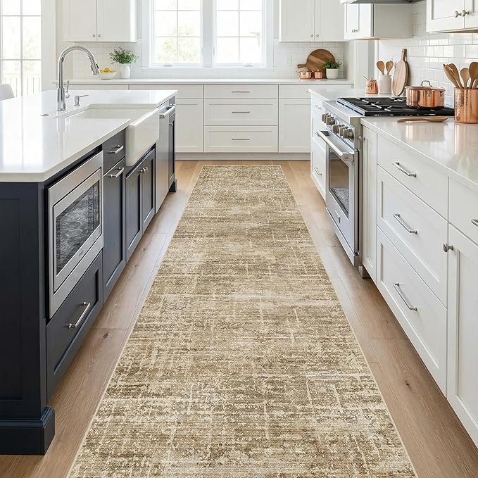 2x12 Washable Hallway Runner Rug - Modern Abstract Neutral Long Carpet with Non-Slip Backing Low-Pile Stain-Resistant Thin Runners for Kitchen Bathroom Bedroom Entryway (2x12，Tan/Brown)