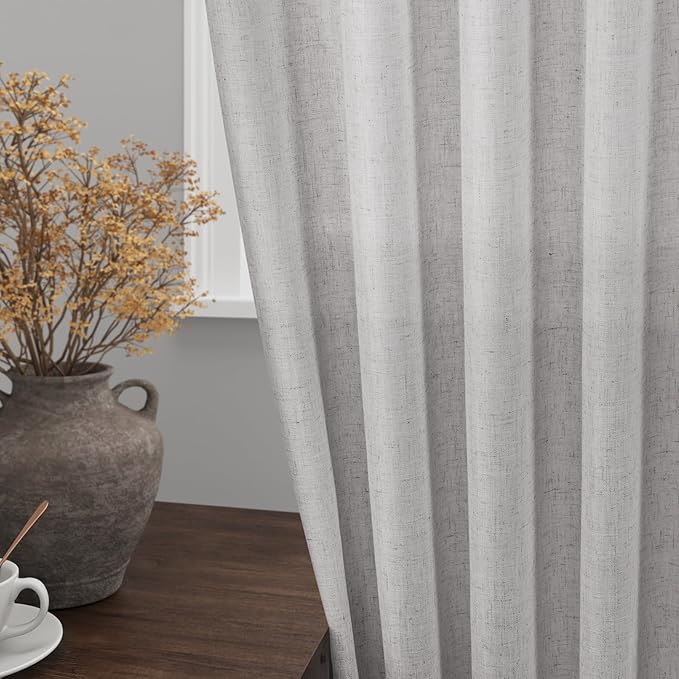 Nanspring Grey Linen Back Tab Curtains 84 Inch Length for Living Room 2 Panel Set Neutral Modern Farmhouse Window Privacy Semi Sheer Linen Drapes Rustic Pinch Pleated Look Curtain 52x84