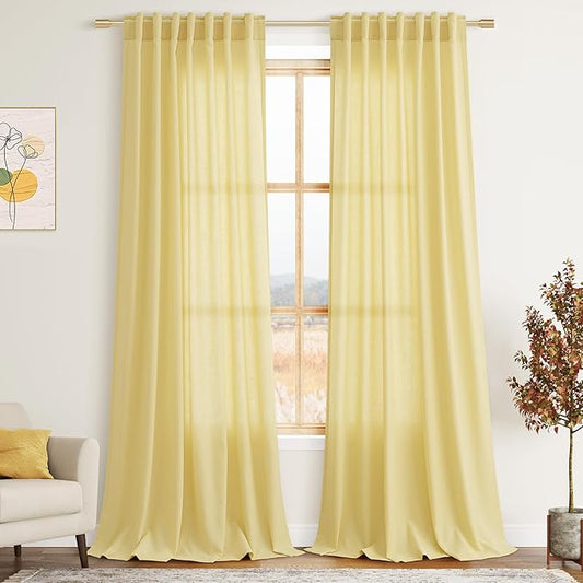 Nanspring Yellow Linen Boho Curtains for Bedroom Back Tab Rod Pocket Semi Sheer Linen Curtains 90 Inches Long 2 Panel Set Light Filtering Neutral Farmhouse Lightweight Drapes for Living Room 52x90