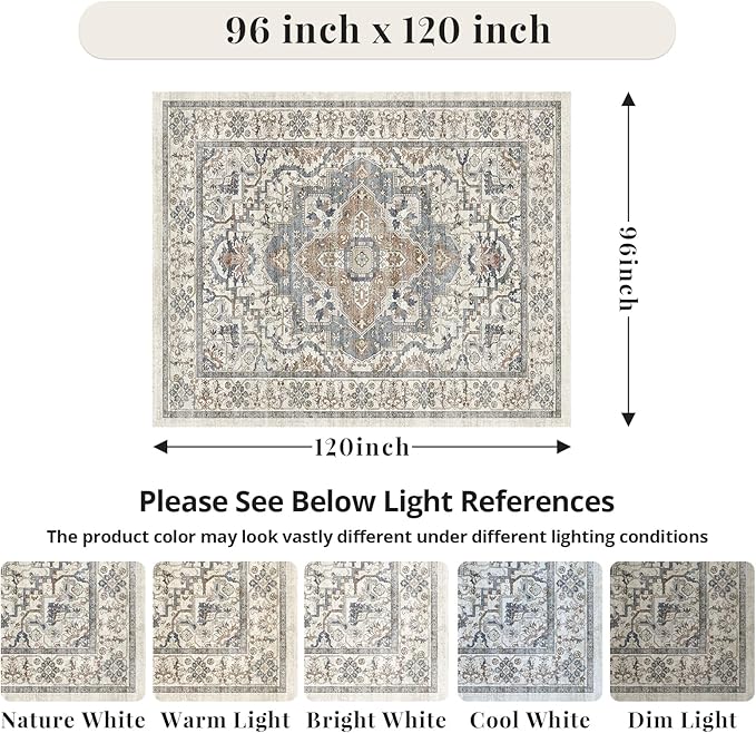 Beige 8x10 Washable Large Area Rug, Non-Slip Soft Ultra-Thin Polyester Carpet with Vintage Vintage Stain Large Rug for Living Room, Bedroom, Dining Room & Open-Concept Spaces Oeko-TEX - Beige/Blue
