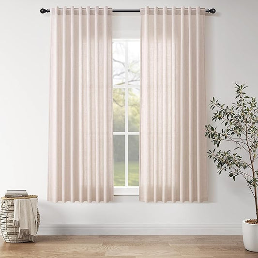 Nanspring Natural White Linen Curtains 63 Inch Length for Living Room Blend Semi Sheer Farmhouse Decor Curtains Back Tab Privacy Boho Light Filtering Semi Sheer Curtain for Bedroom 52x63, 2 Panels