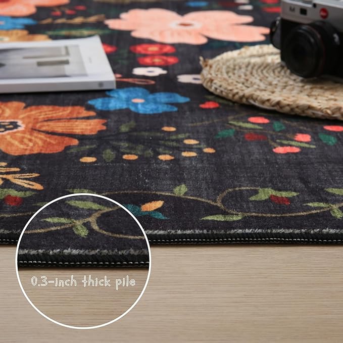 Rugcomf Living Room Rug 5x7 Rug Machine Washable Boho Area Rug Non Slip Floral Vintage Low Pile Large Rugs for Living Room, Bedroom, Farmhouse, Dining Room, Kids Playroom(Black)