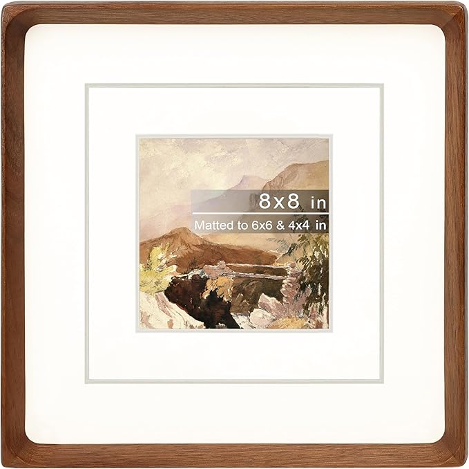 Square 8x8 Picture Frame with Mat for 4x4/6x6, Natural Walnut Wood Handcrafted Rounded Corner with Real Glass, Vertical or Horizontal Display Photo Gallery Wall & Tabletop Frame