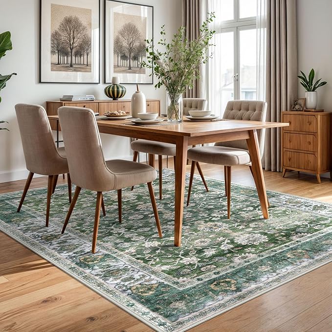 KUTA 5x7 Area Rugs, Vintage Green Washable Rugs for Living Room Ultra Thin Soft Non-Slip Printed Distressed Tribal Traditional Farmhouse Carpet for Bedroom Dining Room Dorm Office Home