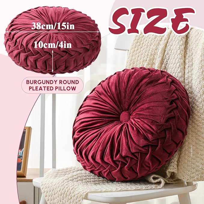 Drydiet 1 Pcs Round Throw Velvet Pillows Decorative Pleated Throw Pillows 15'' Diameter Accent Pumpkin Boho Chair Cushion for Couch Sofa Home Decoration (Burgundy)