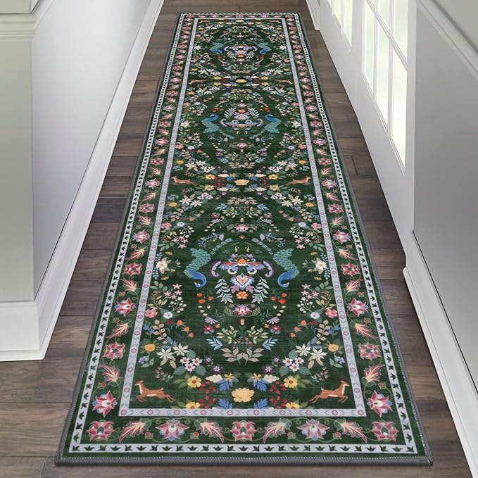HEBE Washable Hallway Runner Rug 2'x 8' Non Slip Kitchen Rugs Runner,Low Pile Entryway Rug Laundry Room Mat Floral Carpet Runners for Hallways, Kitchen,Bathroom,Laundry,Bedside Rug