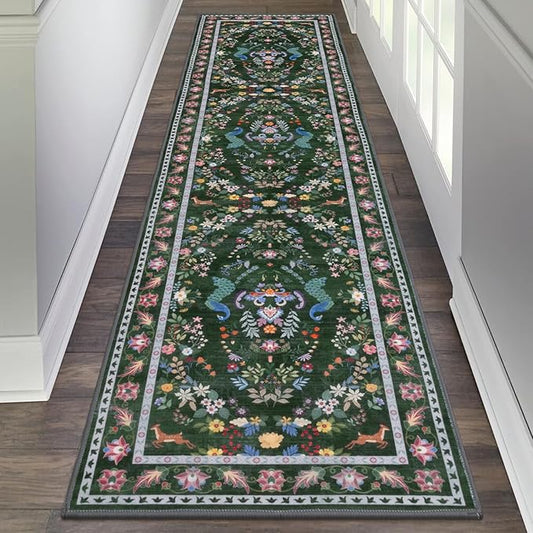 HEBE Washable Hallway Runner Rug 2'x 8' Non Slip Kitchen Rugs Runner,Low Pile Entryway Rug Laundry Room Mat Floral Carpet Runners for Hallways, Kitchen,Bathroom,Laundry,Bedside Rug