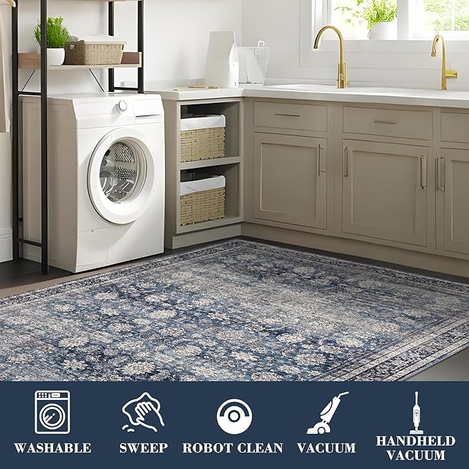 GarveeHome Washable Runner Rugs 2.5x10 for Hallway Kitchen Non-Slip Soft Ultra-Thin Hall Runners Non-Shedding Traditional Floor Carpet Vintage Throw Mat for Bathroom Laundry Blue