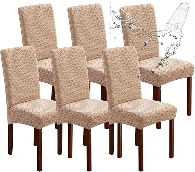 Genina 100% Waterproof Chair Covers for Dining Room Set of 6, Large Dining Room Chair Covers Protectors Stretch Kitchen Parson Chair Slipcovers for Home, Restaurant (Large, Argyle-Khaki)
