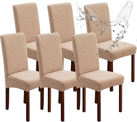 Genina 100% Waterproof Chair Covers for Dining Room Set of 6, Large Dining Room Chair Covers Protectors Stretch Kitchen Parson Chair Slipcovers for Home, Restaurant (Large, Argyle-Khaki)
