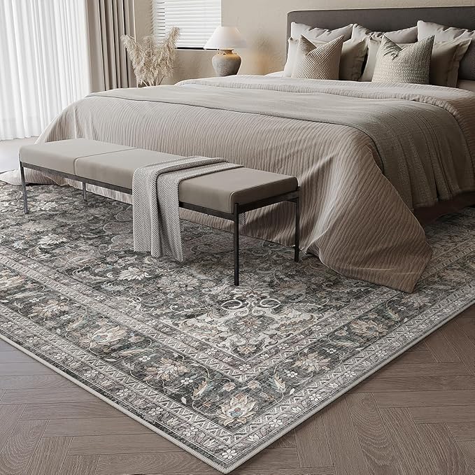 8x10 Washable Area Rug Black Grey Vintage Non Slip Soft Medium Pile Rug for Living Room Bedroom Dining Room Office Distressed Oriental Indoor Large Throw Carpet for Home Decor